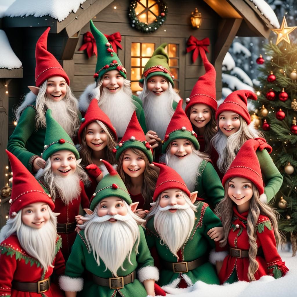 A group of beautiful group of Christmas elves friends  cheer...