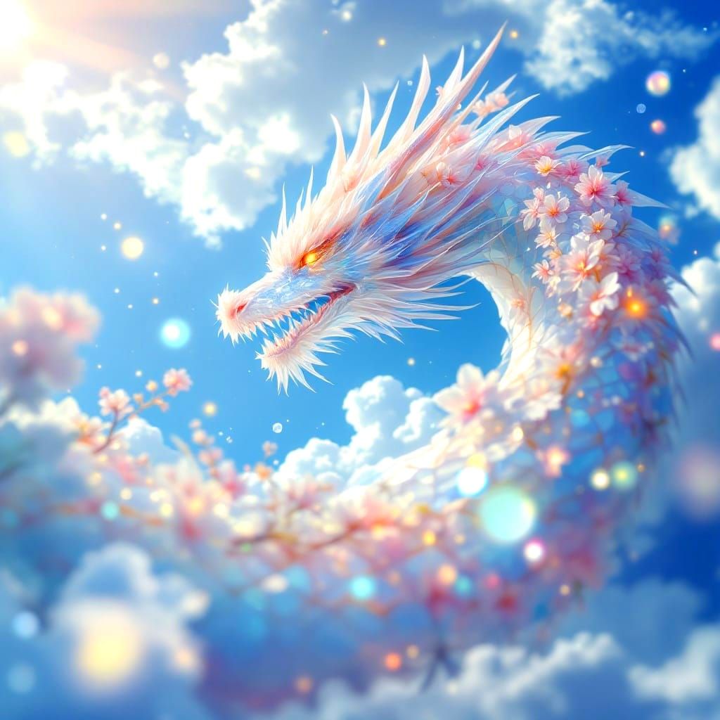 Crystal Dragon Soaring Through Blossom Sky
