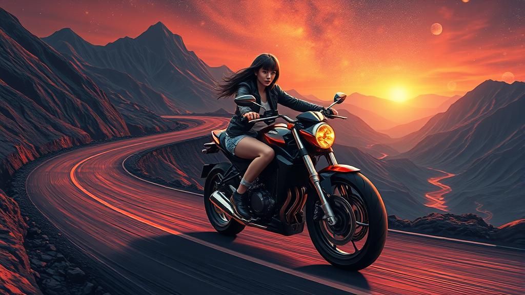 Motorcycle Ride on Volcanic Road in Fractal Style