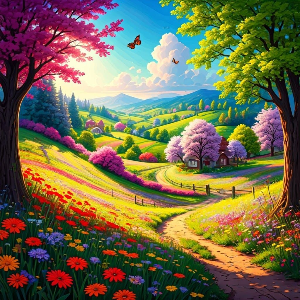 Vibrant Springtime Landscape in Watercolor Style