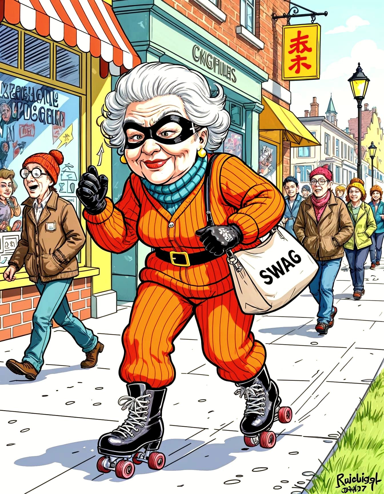 Cartoon Grandma Bank Robber on Roller Skates