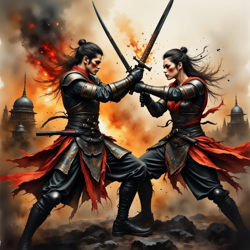 Epic Warriors Clash in Fiery Ink-Spatter Artwork