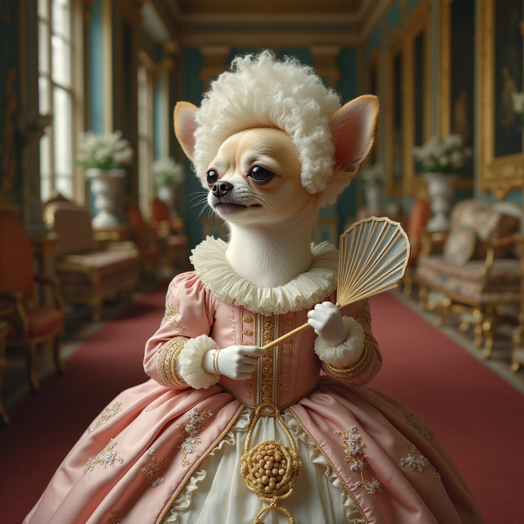 Chihuahua as Marie Antoinette in Rococo Palace