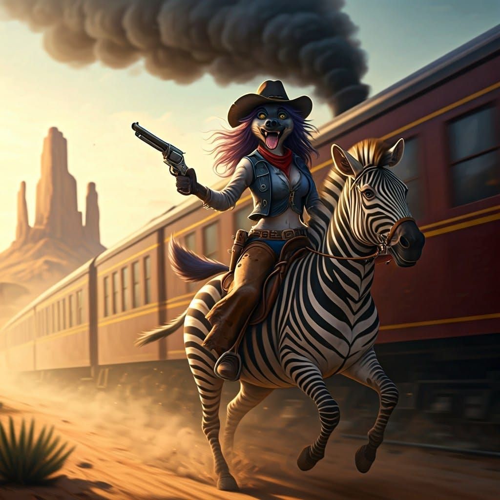 Cyberpunk Spaghetti Western Train Robbery Scene