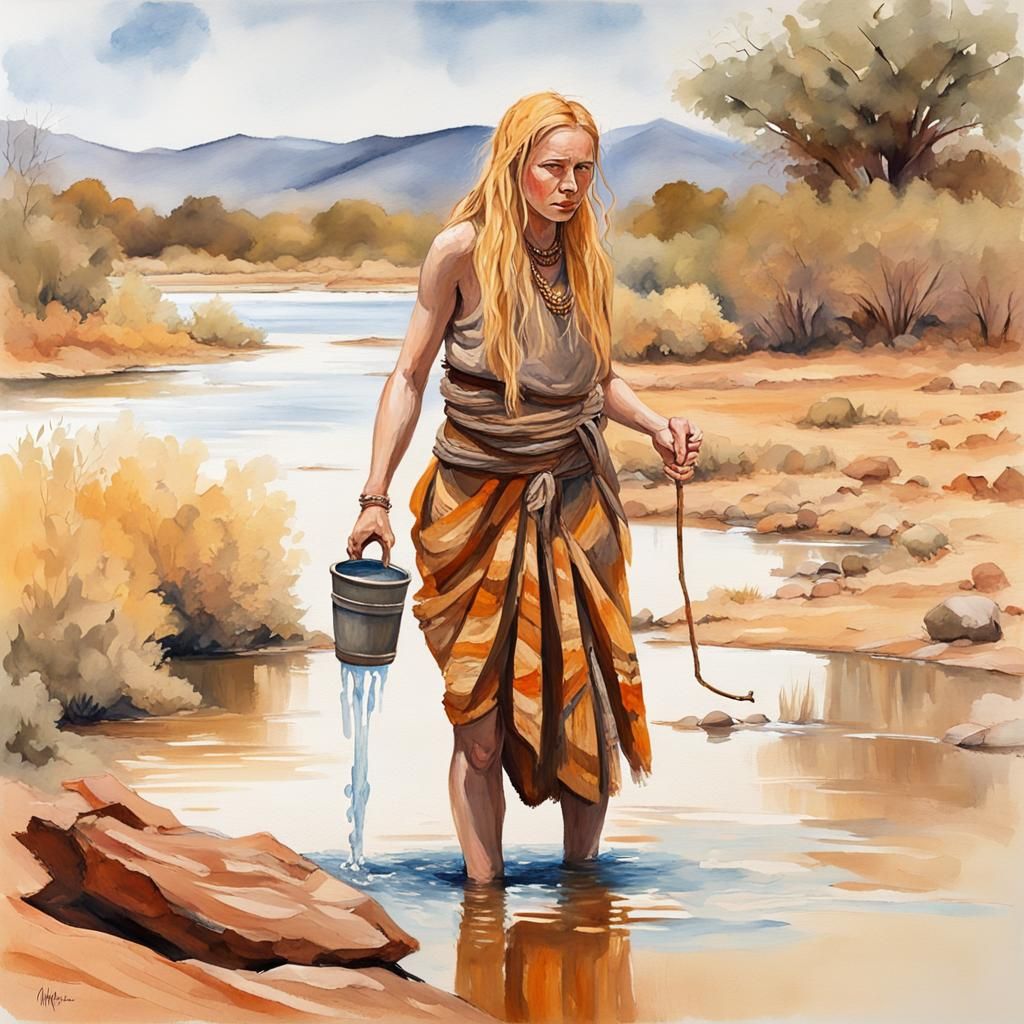 Himba Girl Fetching Water: Gouache Impressionist Painting