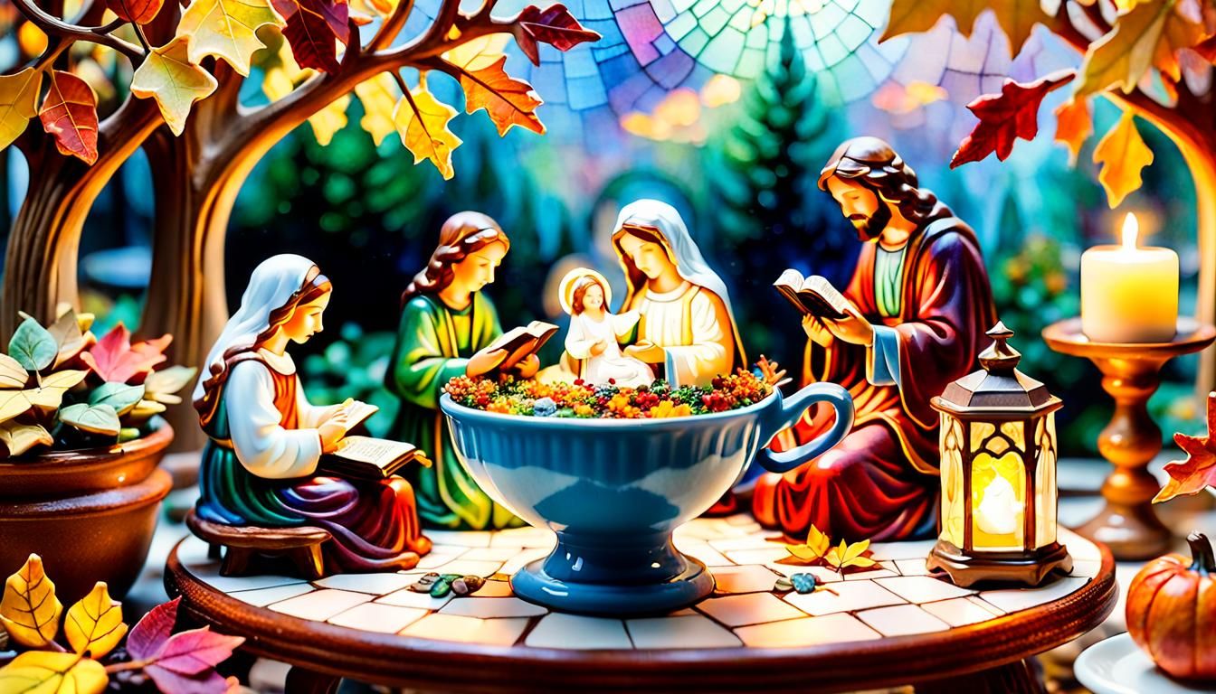Jesus and Mary's Teacup Garden in Mosaic Style