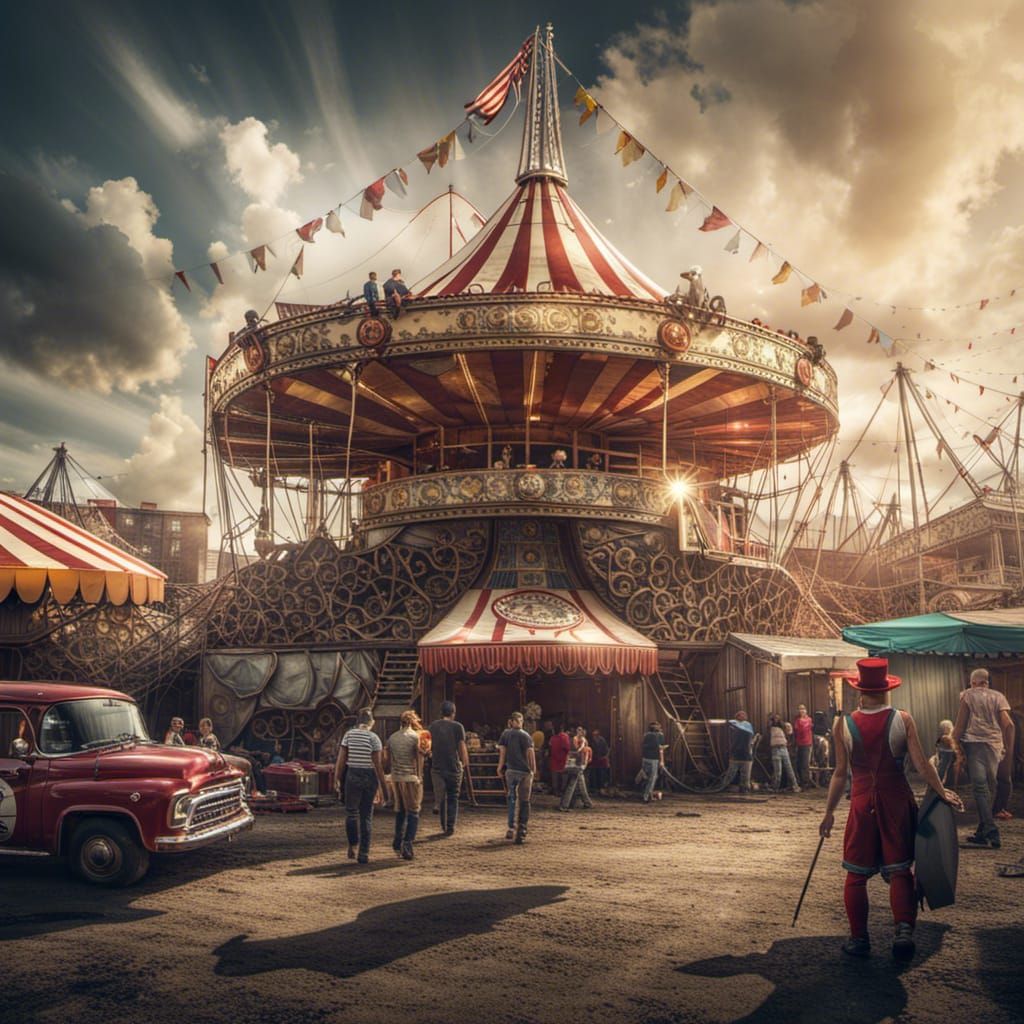 Capitalist Circus Spirals: Hyperrealistic, High-Contrast Ima...