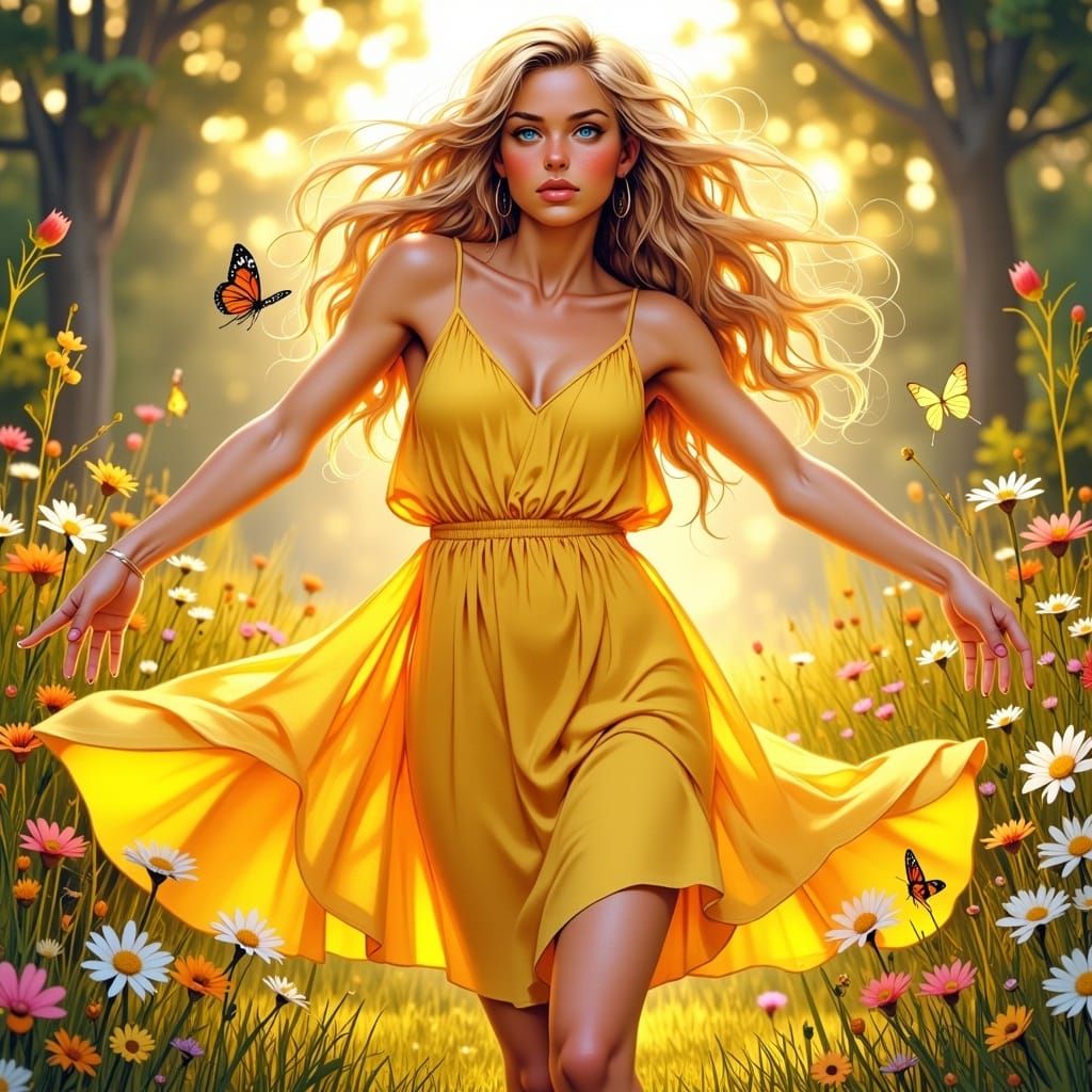 Radiant Woman Dancing in Sunlit Meadow