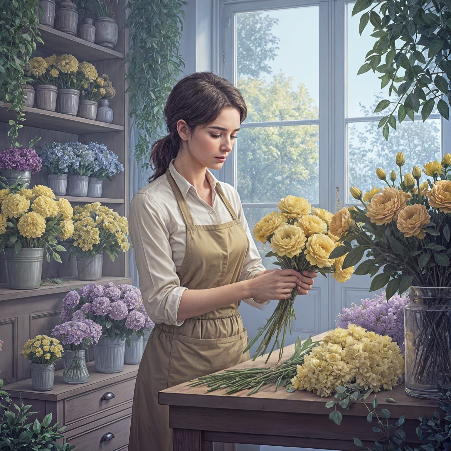 Woman Arranging Flowers: Detailed Matte Painting