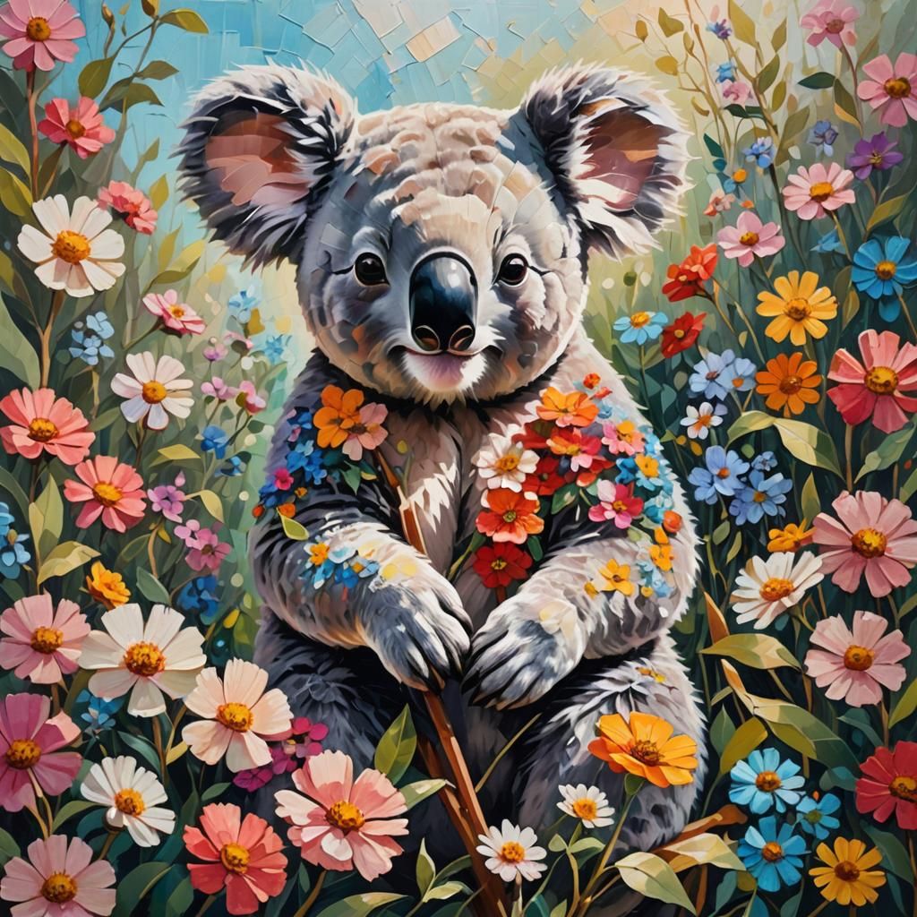 Koala Painting in Flower Garden, Impressionist Oil on Canvas