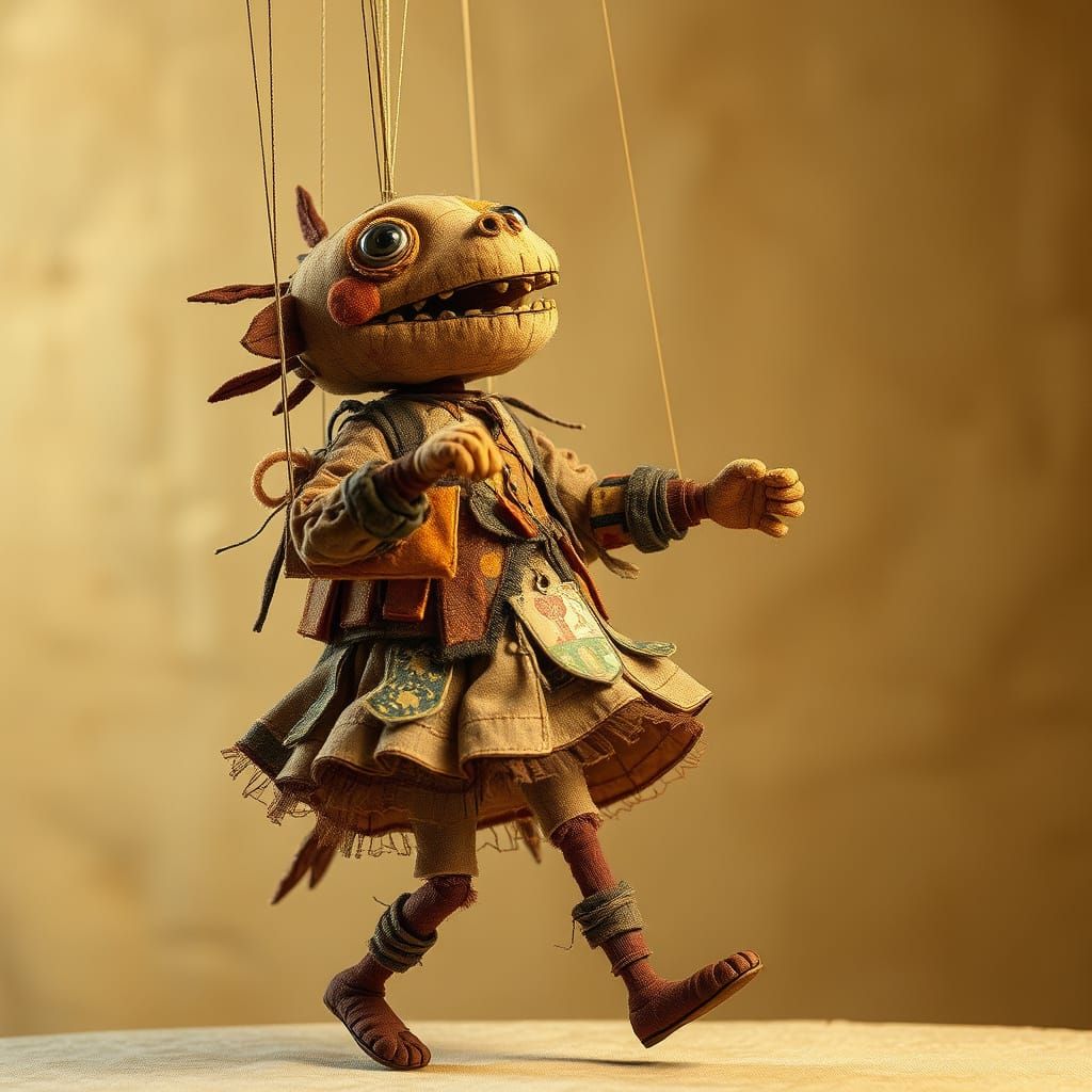 Whimsical Patchwork Marionette in Earthy Tones