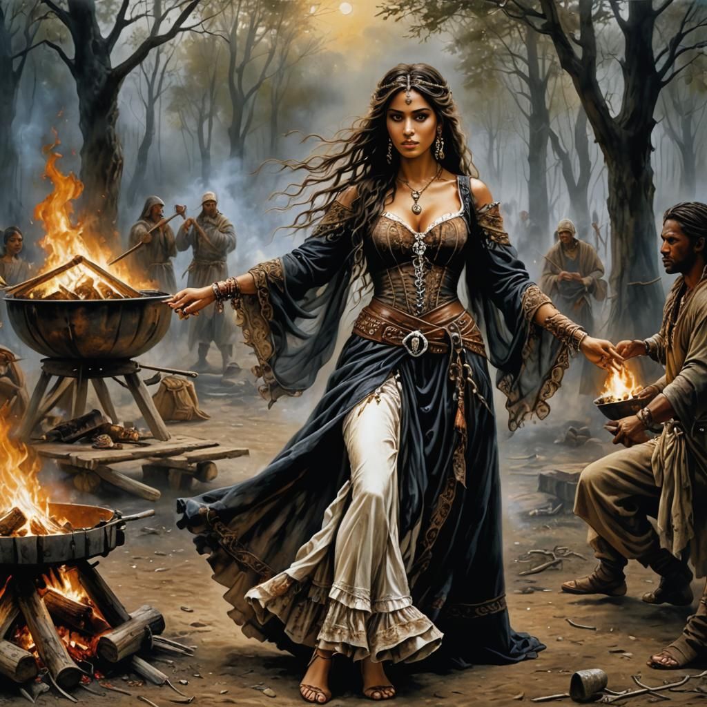 Beautiful Gypsy Woman Dancing by Campfire