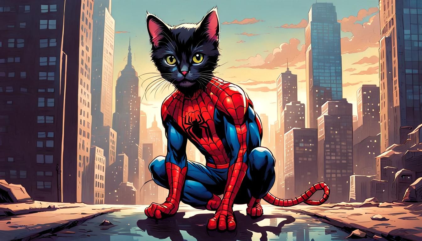 Kitten as Spiderman in Comic Book Style