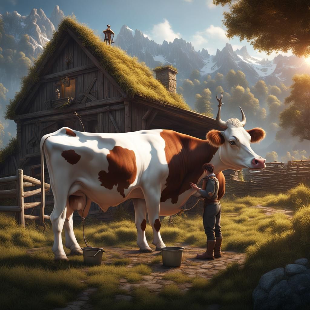 Mountain Farm: Milking a Cow in Matte Painting