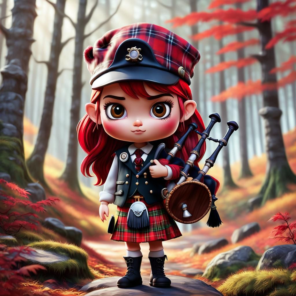 Chibi Scottish Highlander Girl in Fairy Forest