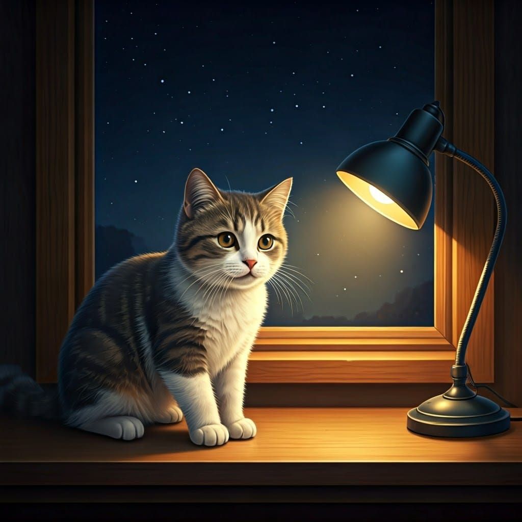 Gray and White Cat at Night by Window