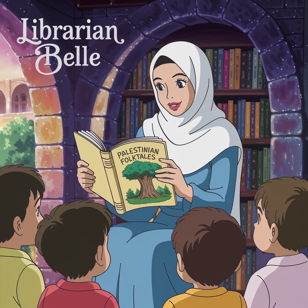 Palestinian Belle as Librarian in Cozy Library