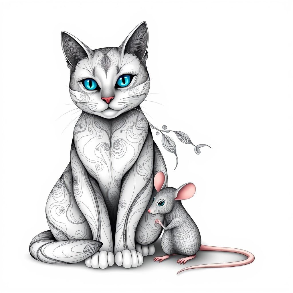 Abstract Whimsical Feline and Rodent Duo