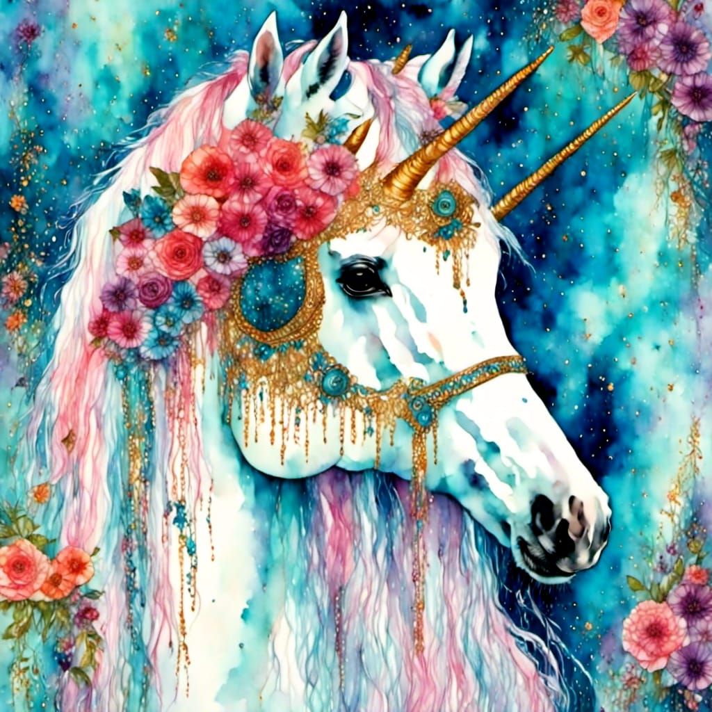 Watercolor Unicorn in Venetian Mask, Fantasy Art