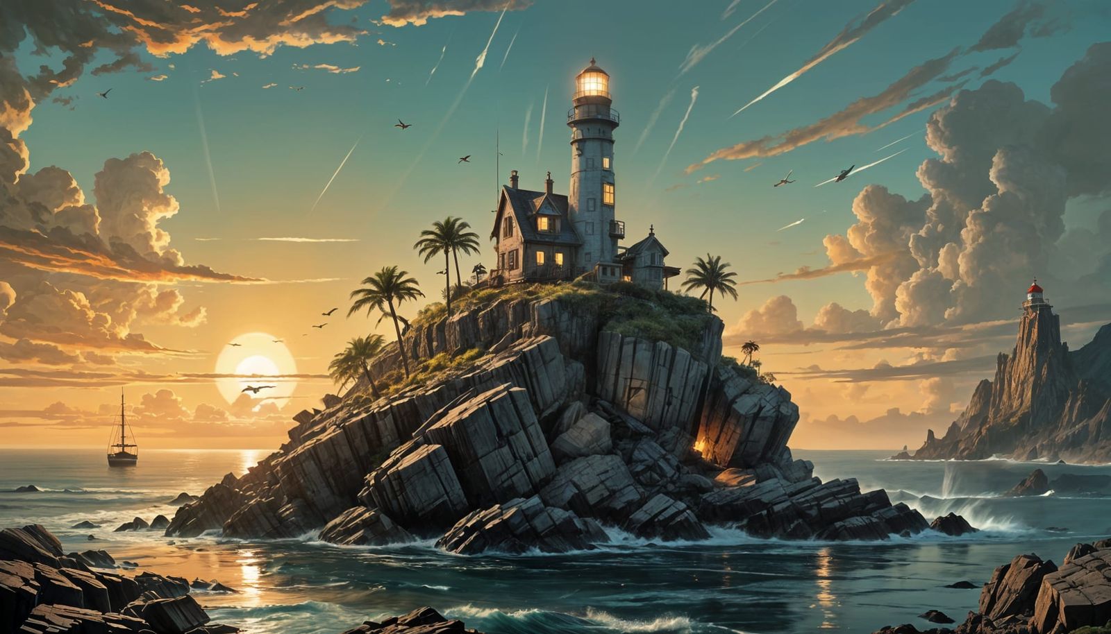 Surreal Rocket Lighthouse on Rocky Island, Fantasy Art