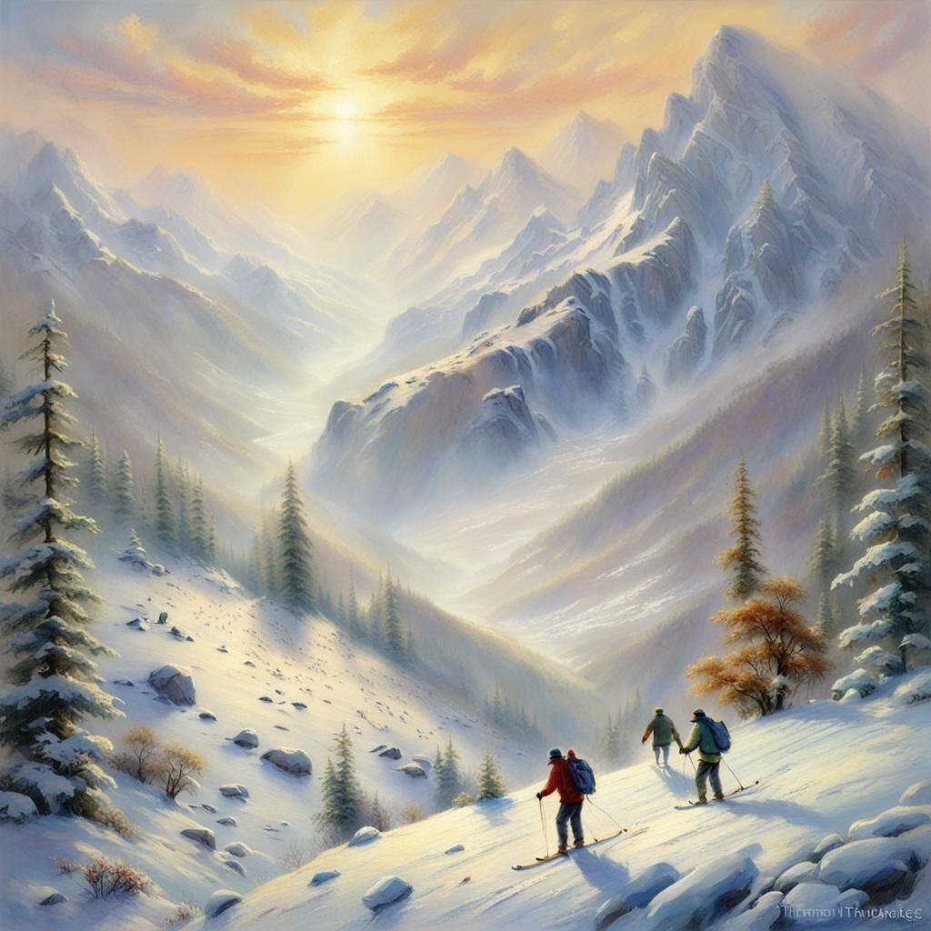 Men Skiing on Melting Snow in Ethereal Style