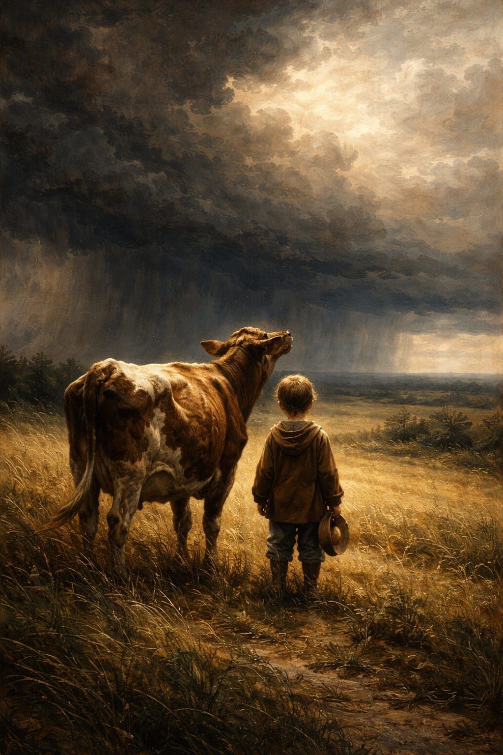 Child and Cow in Dramatic Storm Light Oil Painting