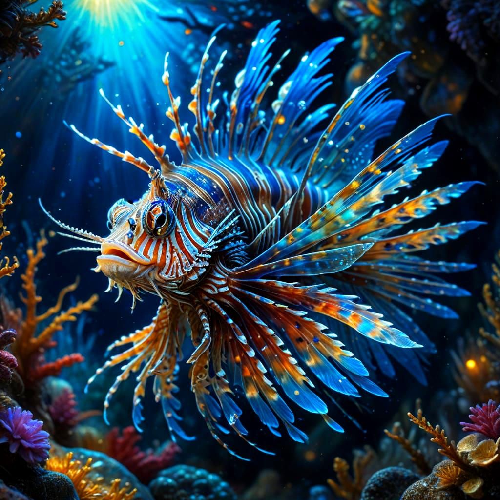 Whimsical Lionfish with Triadic Colors and Intricate Fins