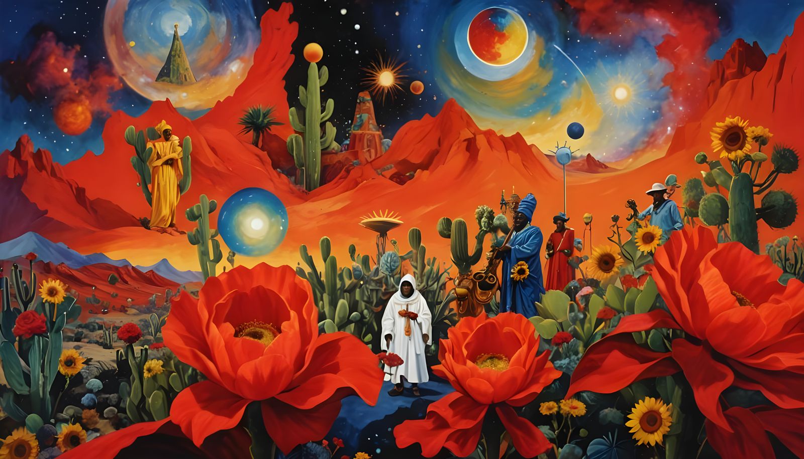 Afrofuturist Exodus in Cosmic Desert, Inspired by Jazz