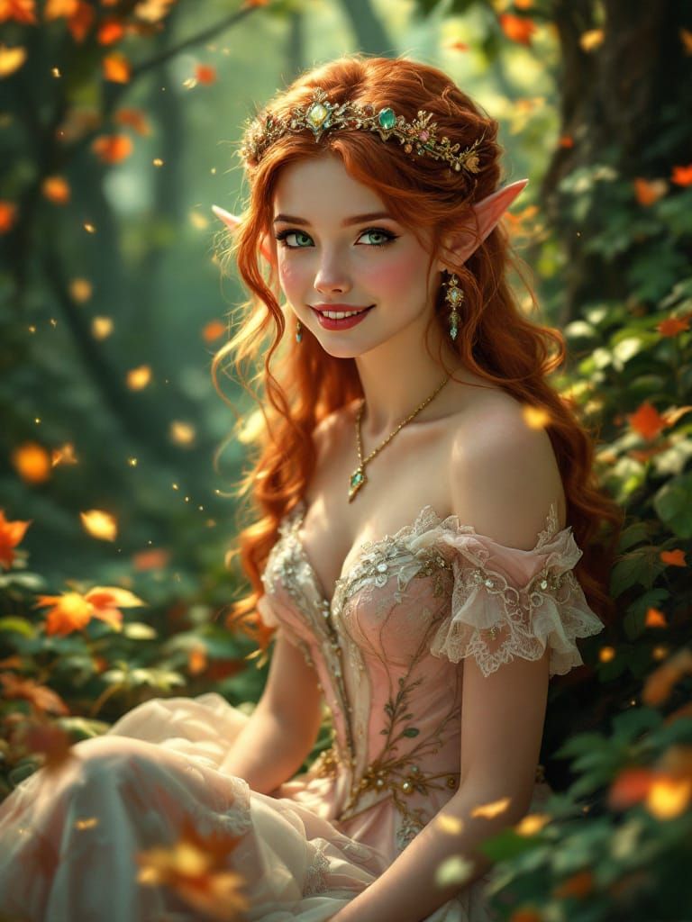 Enchanted Elf Princess in Emerald Forest, Pre-Raphaelite Sty...