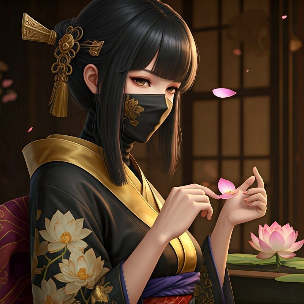 Elegant Female Ninja in Golden Kimono