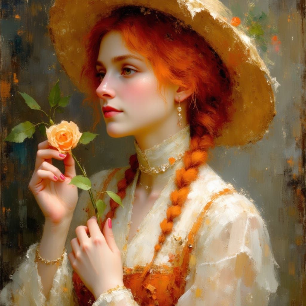 Elegant Woman with Peach Rose in Art Nouveau Style