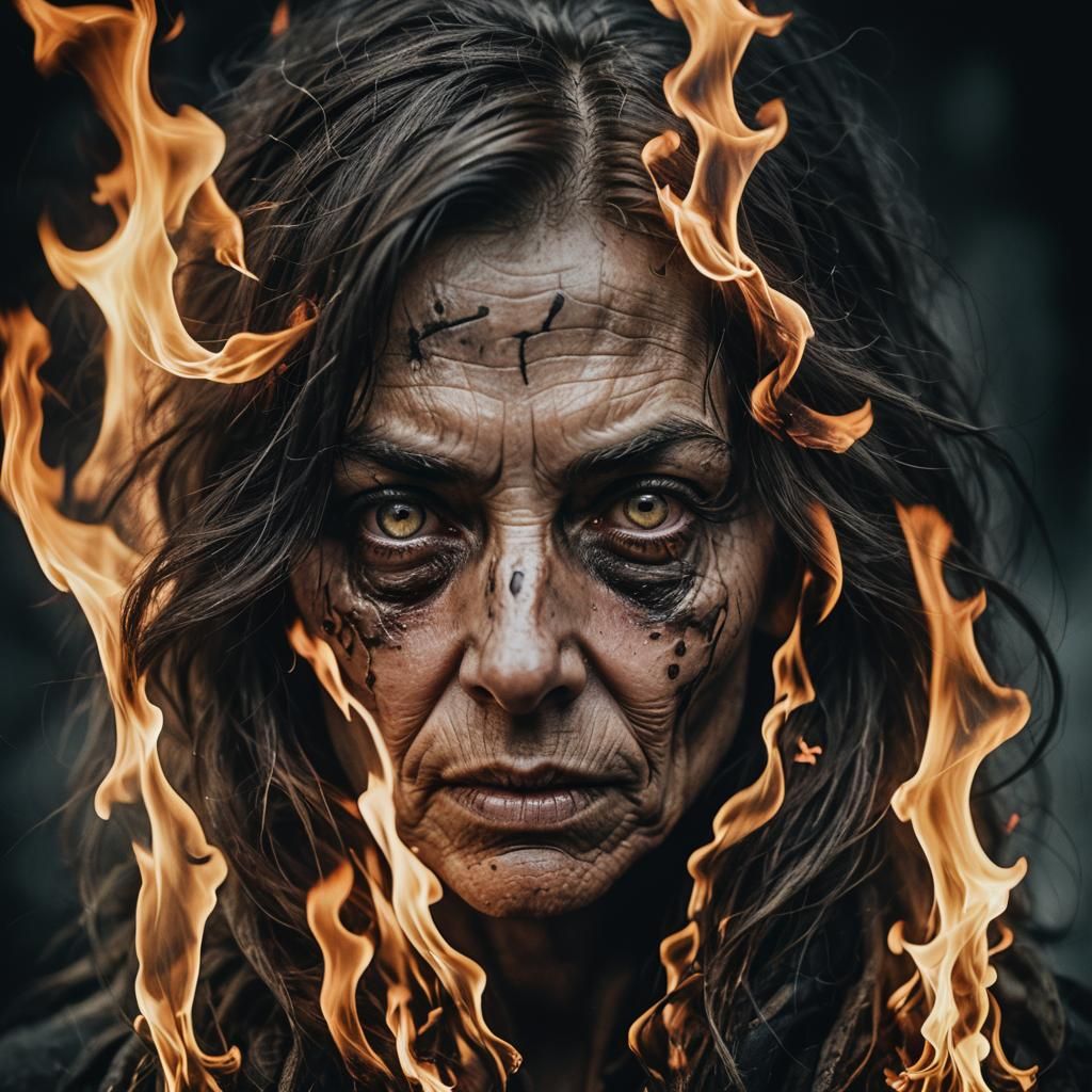Dramatic Portrait of Witch Illuminated by Flames
