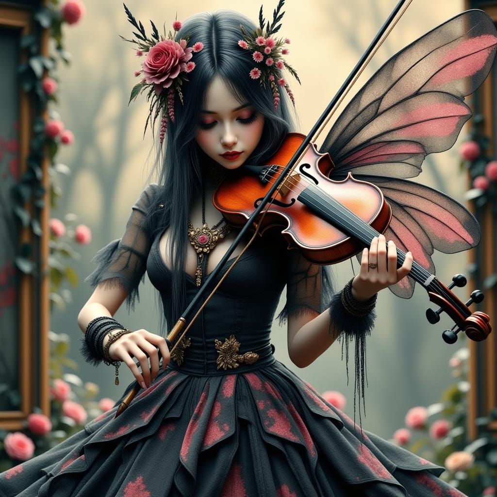 Grunge Fairy Violinist in Hyperrealistic Portraiture