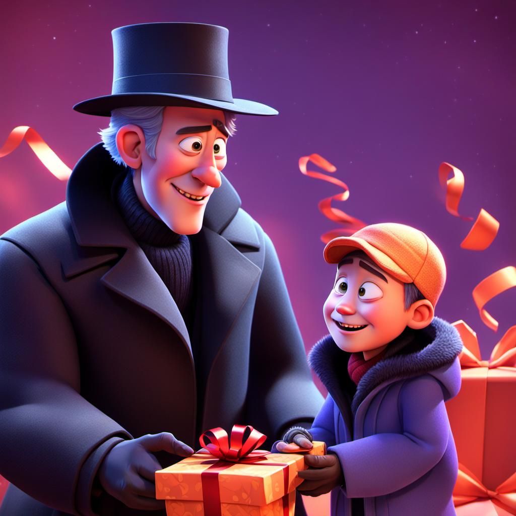 Heartwarming Gift Exchange: 3D Animated Scene
