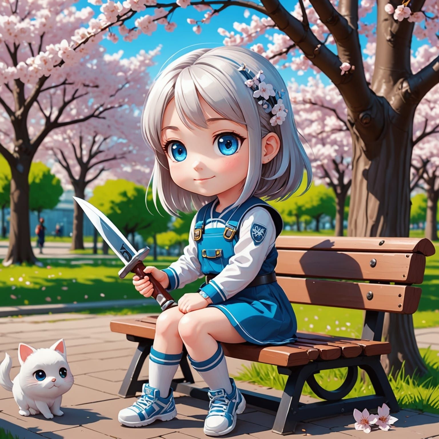 Chibi Girl with Spring in Cherry Blossom Park: Anime Style
