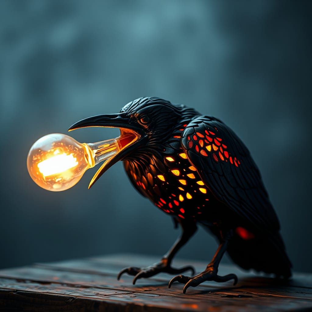 Burnt Metal Raven Table Lamp, Hyperrealistic