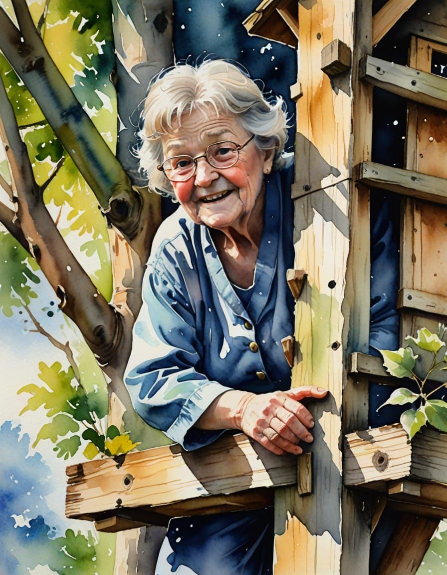 Granny in Treehouse: Watercolor with Loose Strokes