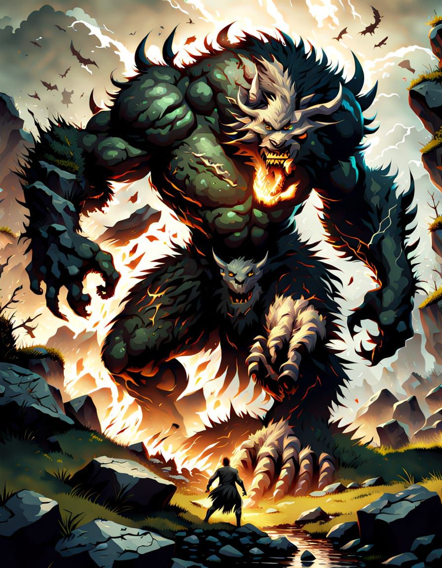 Colossal Giant Stomping Rocks in Dramatic Fantasy Art