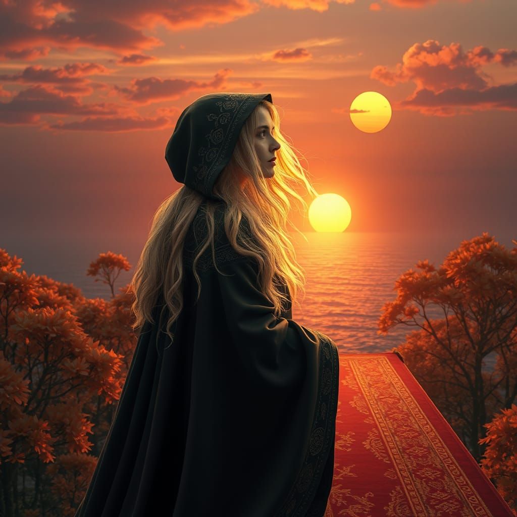 Ethereal Woman on Magic Carpet in Surreal Landscape