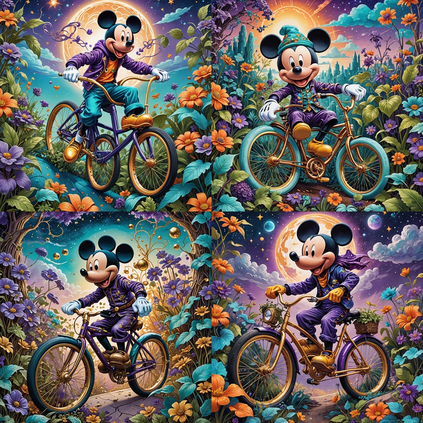 Mickey Mouse Rides a Purple Bike, Astral Illustration