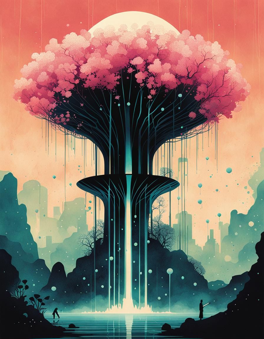 Cybernetic Ink Art: Surreal Water Fountain Flower