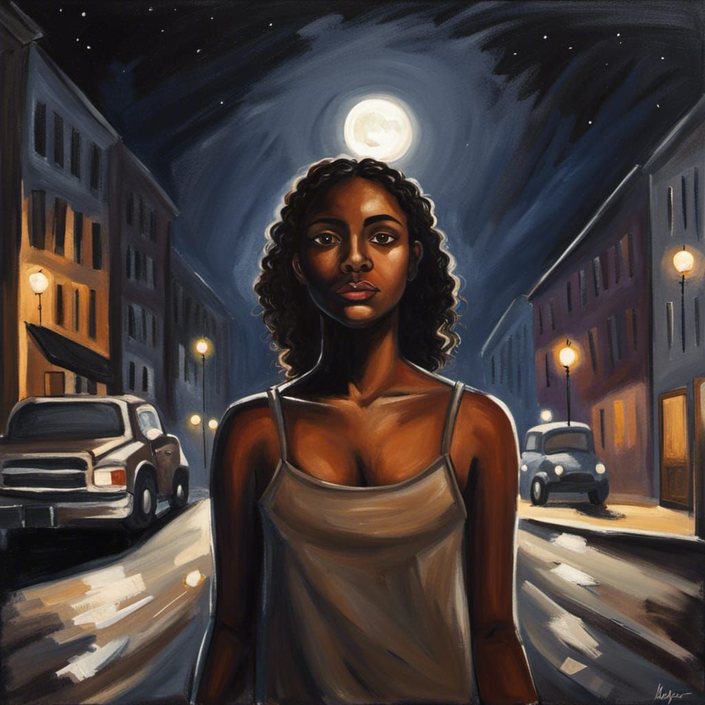 Moonlit Woman Stands in Dark Street Painting