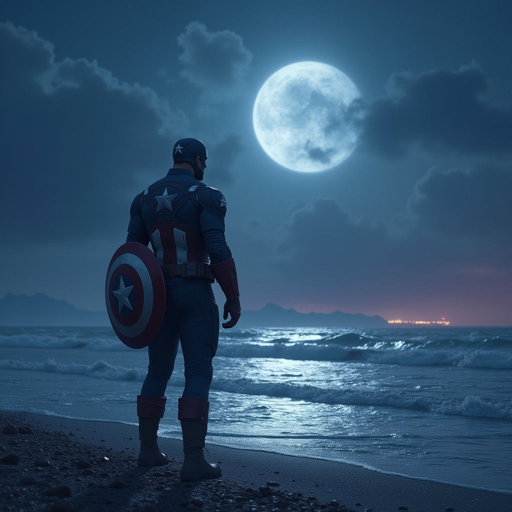 Captain America on Moonlit Beach in Photorealistic Style