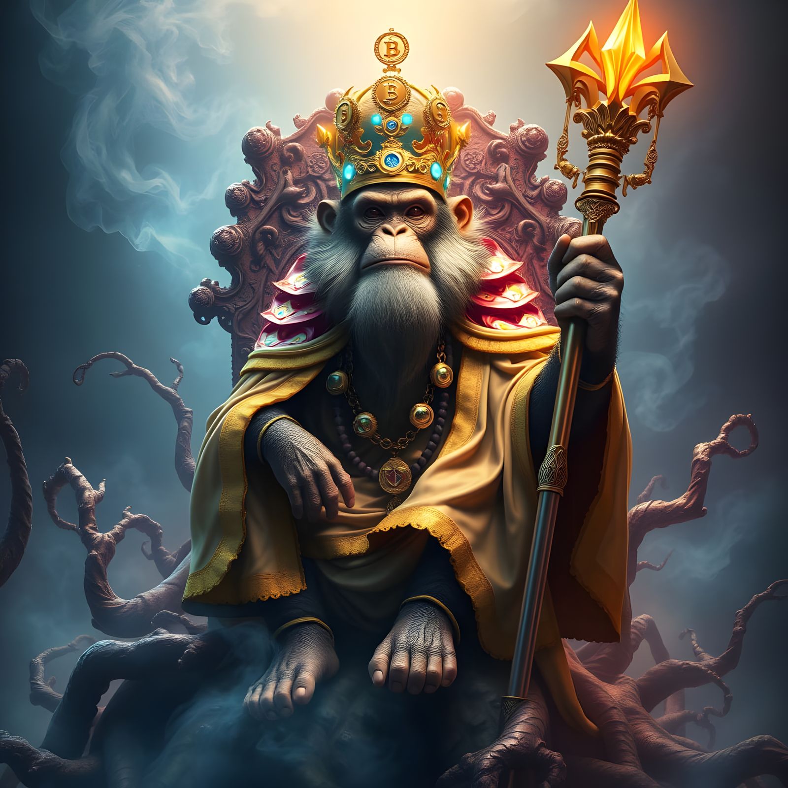 Majestic Monkey King in Regal Attire, Bitcoin Crown, and Anc...