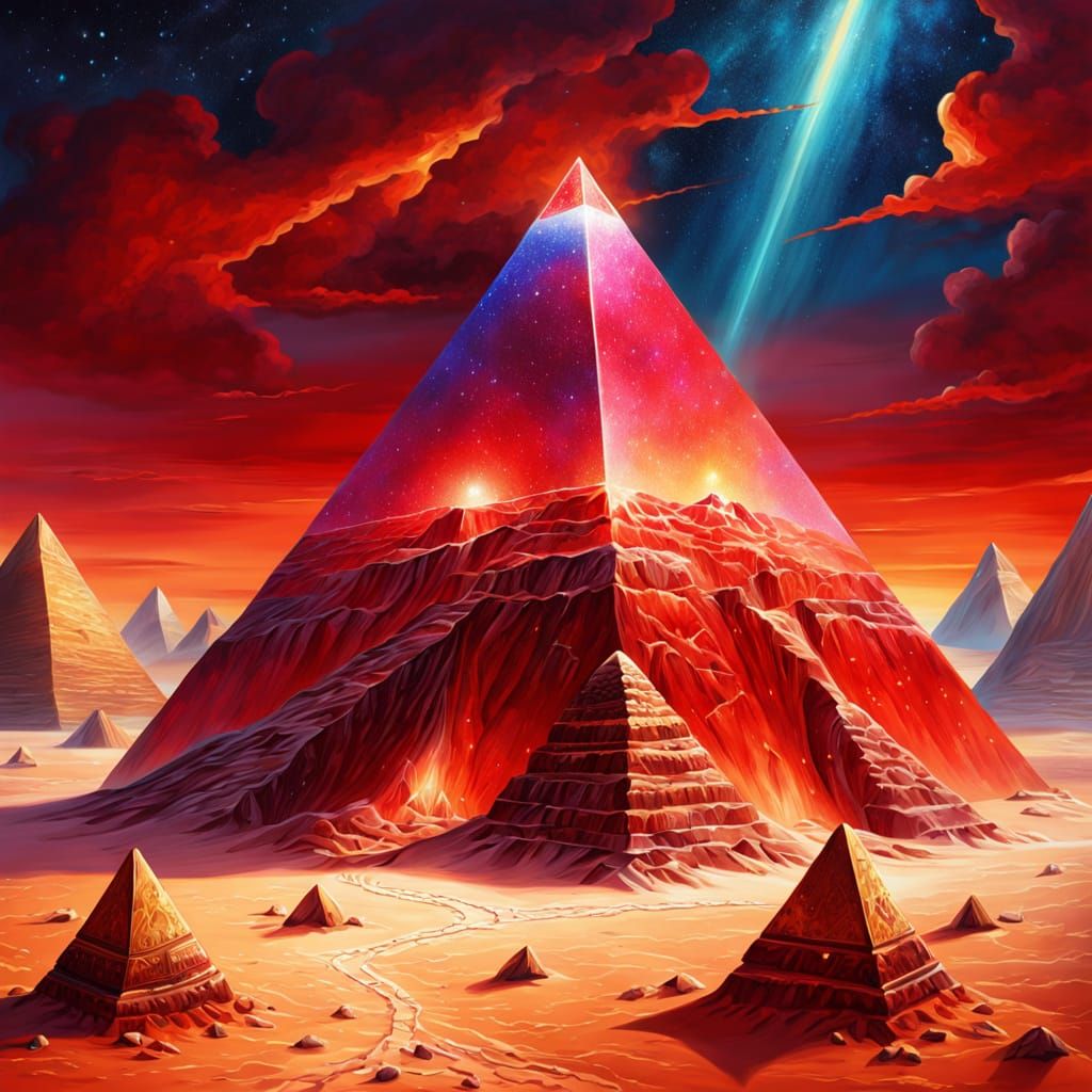 Mystical Dark Crystal Pyramid in Surreal Desert Landscape