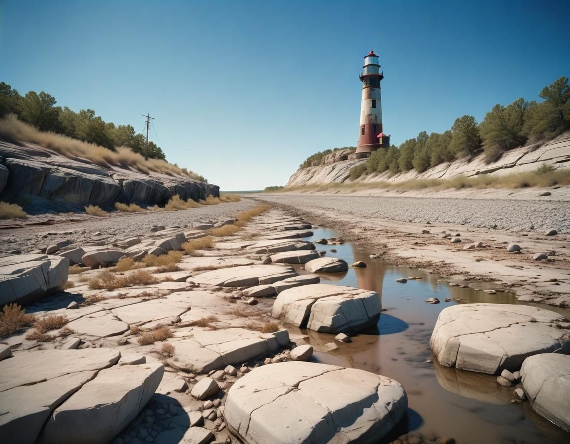Lighthouse in Dried Riverbed: Neo-Impressionist Film Still