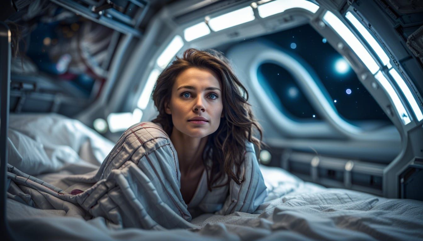 Woman Gazing at Universe from Space Station