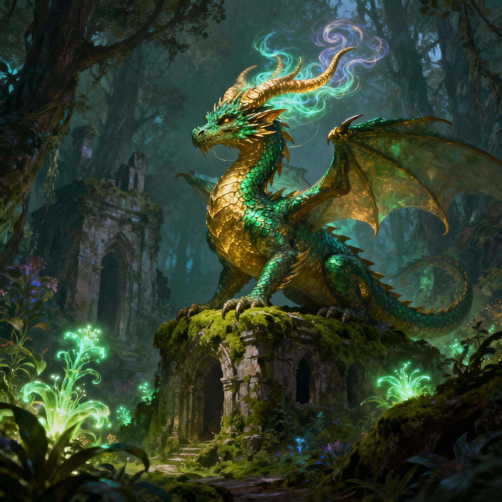 Ancient Dragon on Ruin in Enchanted Forest