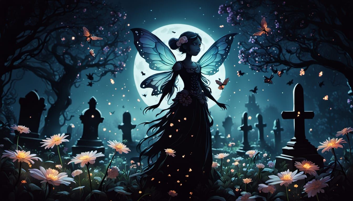 Mysterious Fairy in Graveyard at Night