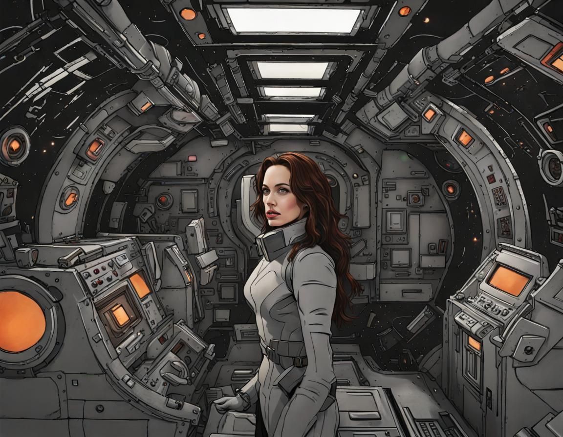 Brunette Space Worker in Rusty Spaceship: Dark Sci-Fi